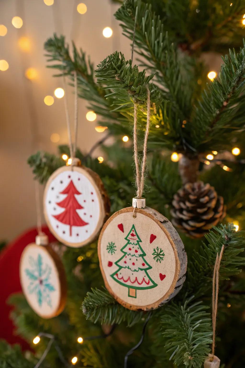 Individually crafted wood round ornaments injecting a dash of rustic charm into the holiday ornamentation.