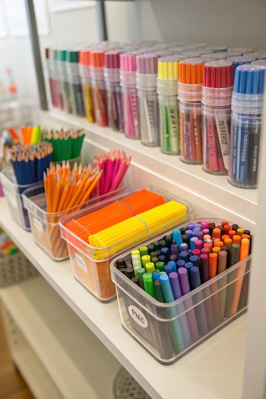 Clear containers make it easy to find and access art supplies quickly.