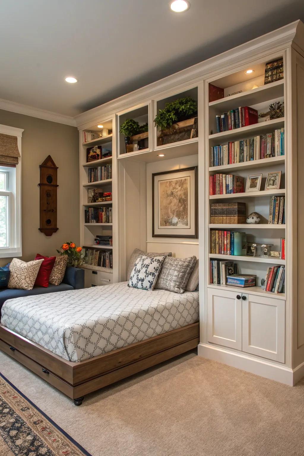A convertible bed concealed by fashionable bookshelves, blending storage with a sleeping area.