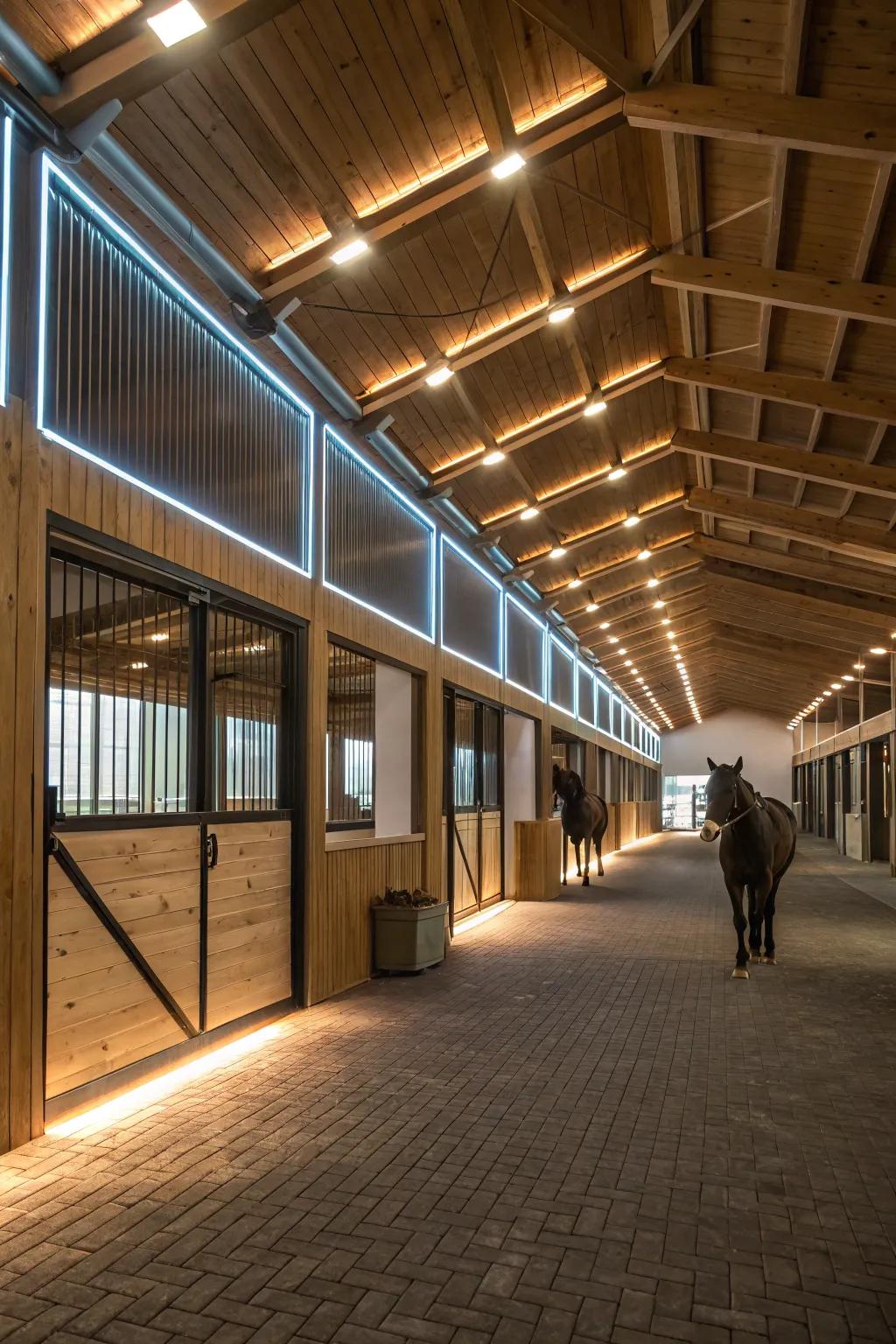 Diode bands deliver effective and sleek lighting along the barn’s structure.