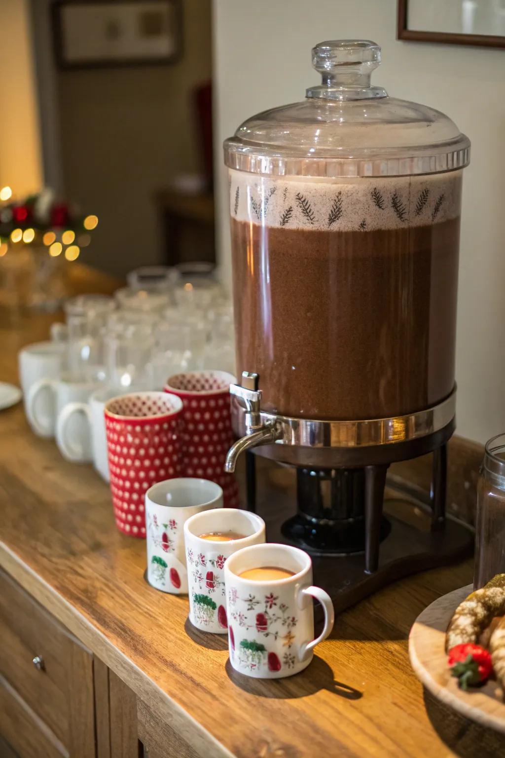 A warm cocoa dispenser adjacent to an assortment of celebratory drinking vessels.
