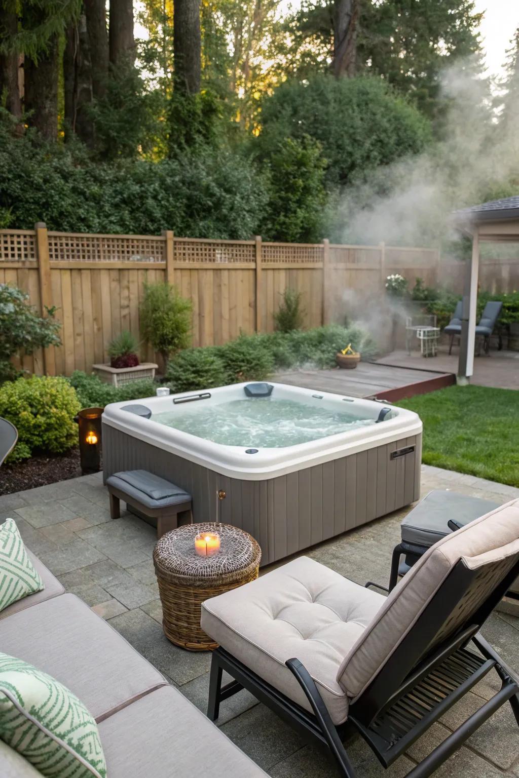 Comfy seating encourages relaxation around the hot tub.