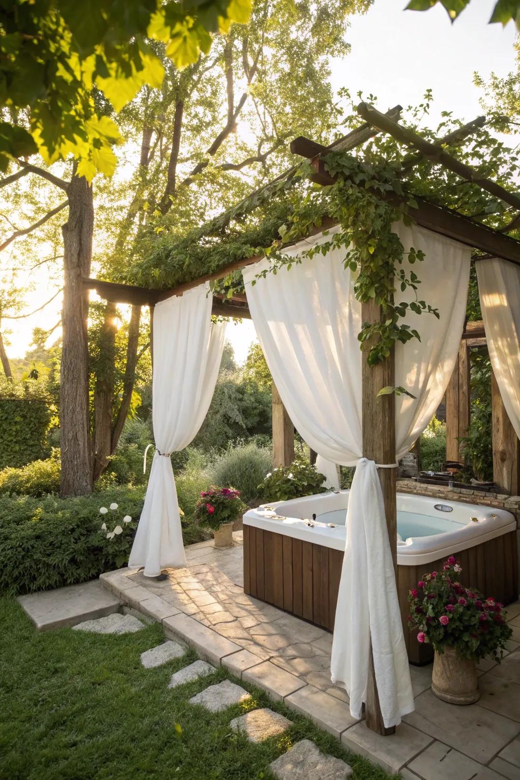 Create a resort-like atmosphere with a pergola draped in elegant fabric.