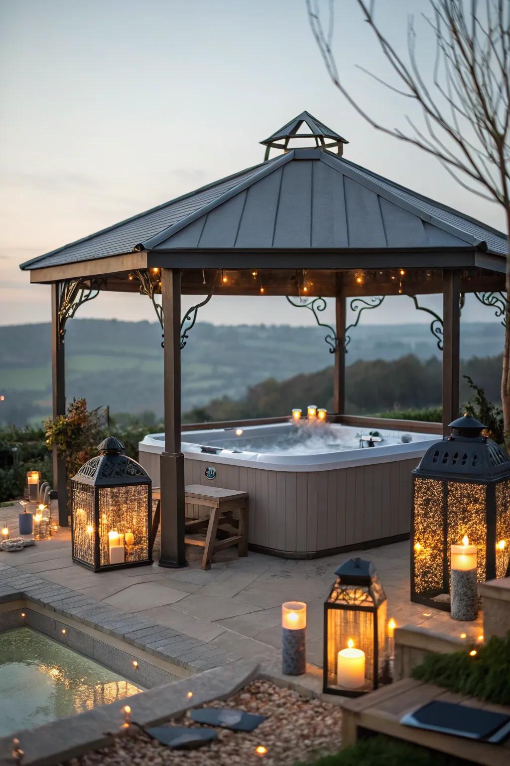 A roofed gazebo provides protection and warmth.