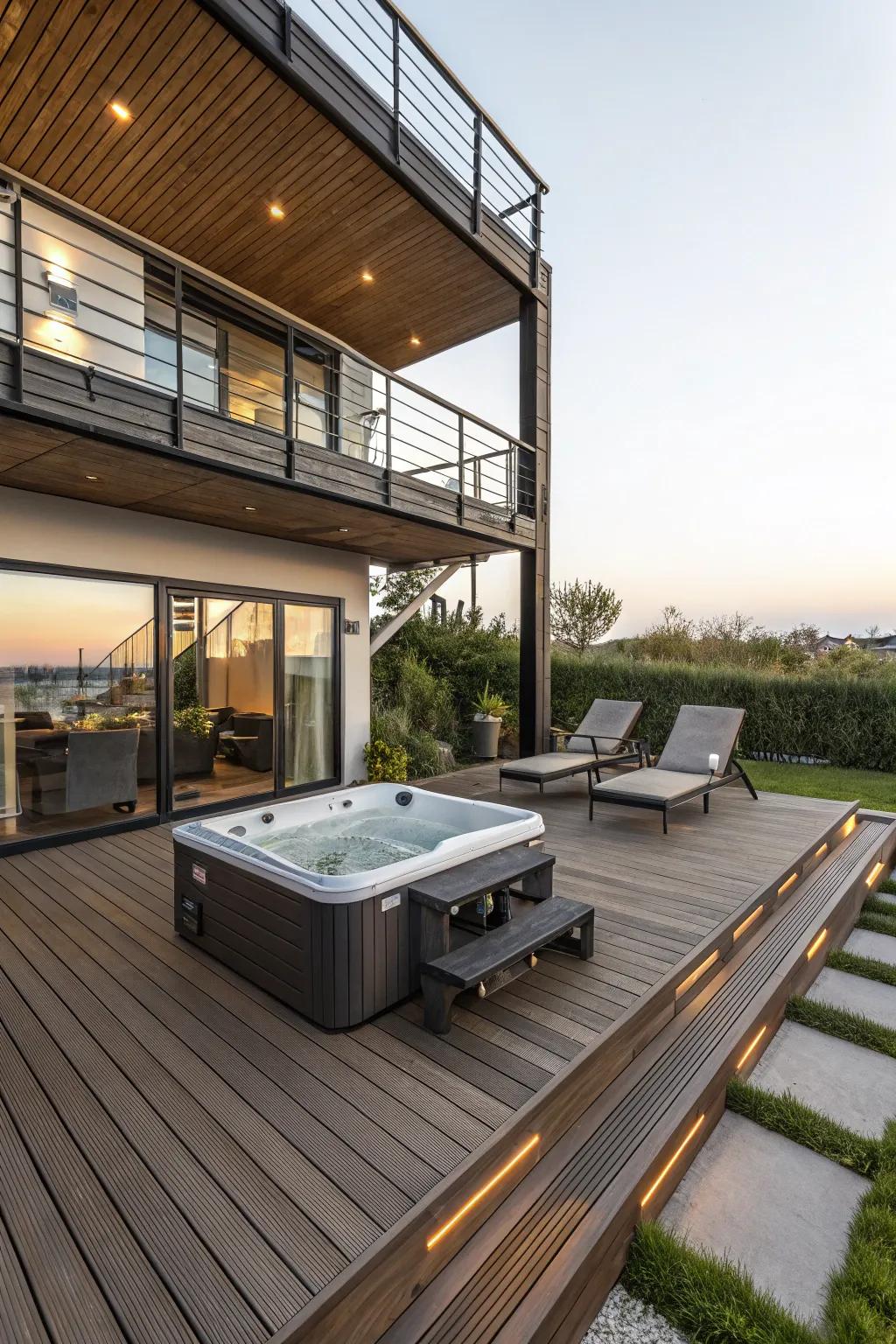 Elevate your backyard design using a tiered deck featuring a hot tub.