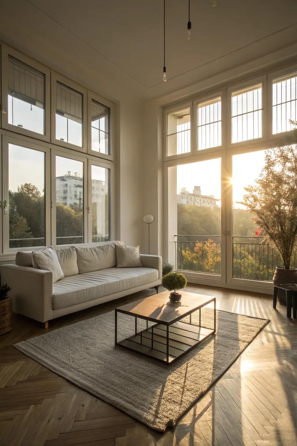 A bright living area with floor-to-ceiling windows that flood the room with natural light.