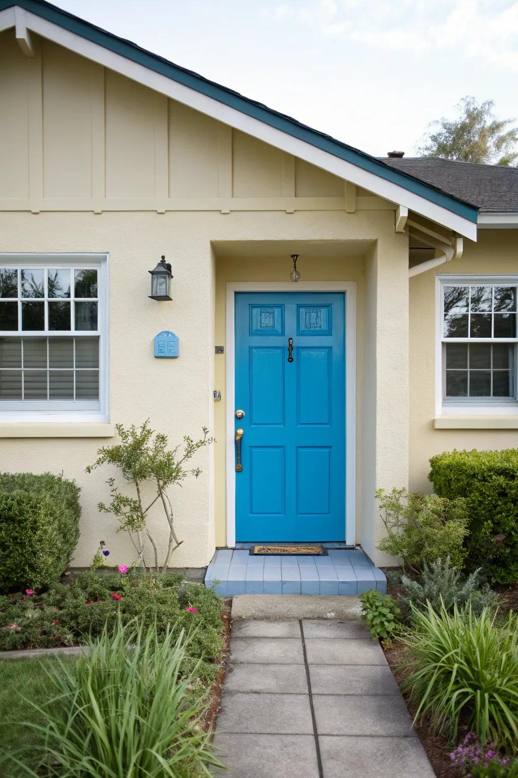A bold front door adds a splash of color to this facade.