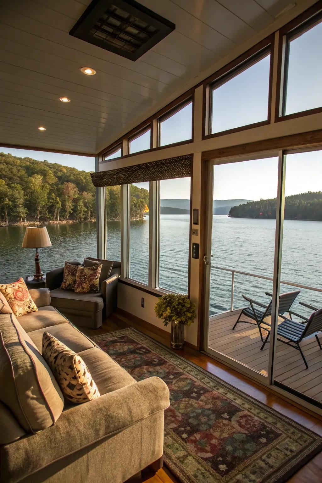Expansive windows bring in plenty of light and amazing views to this houseboat living room.
