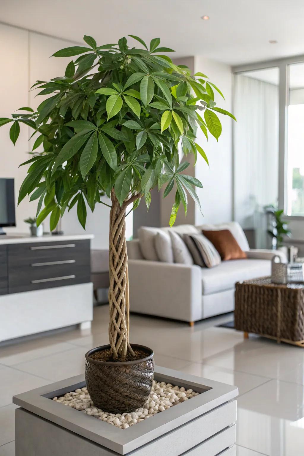 A Money Tree infusing fortune and style into the living room.