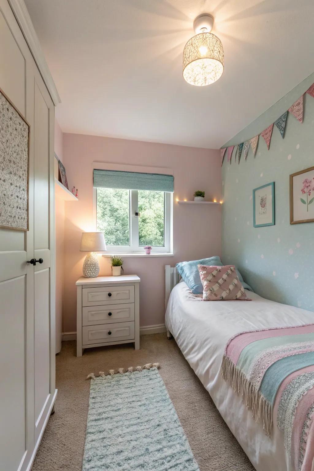A small bedroom featuring a bright color scheme, resulting in a tranquil and spacious ambiance.