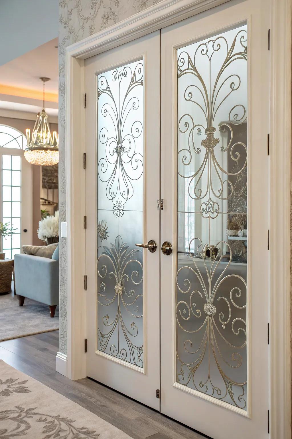 Frosted glass enriches French doors with privacy and an artistic vibe.