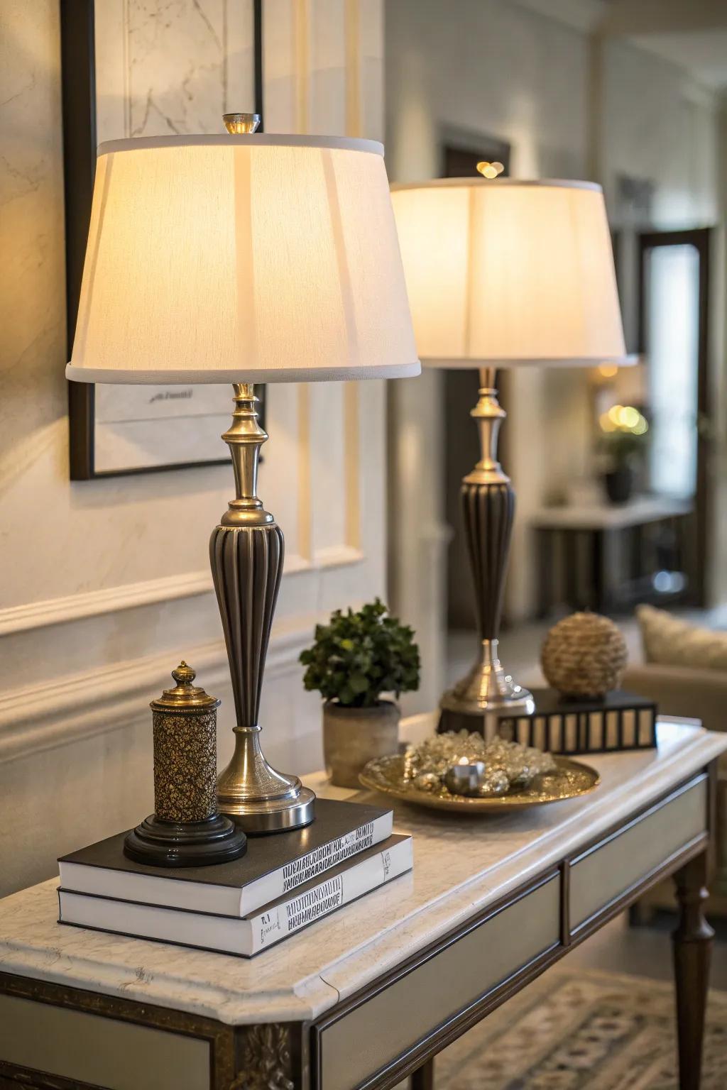 Elegant table lamps illuminate the table, enhancing both light and overall style.