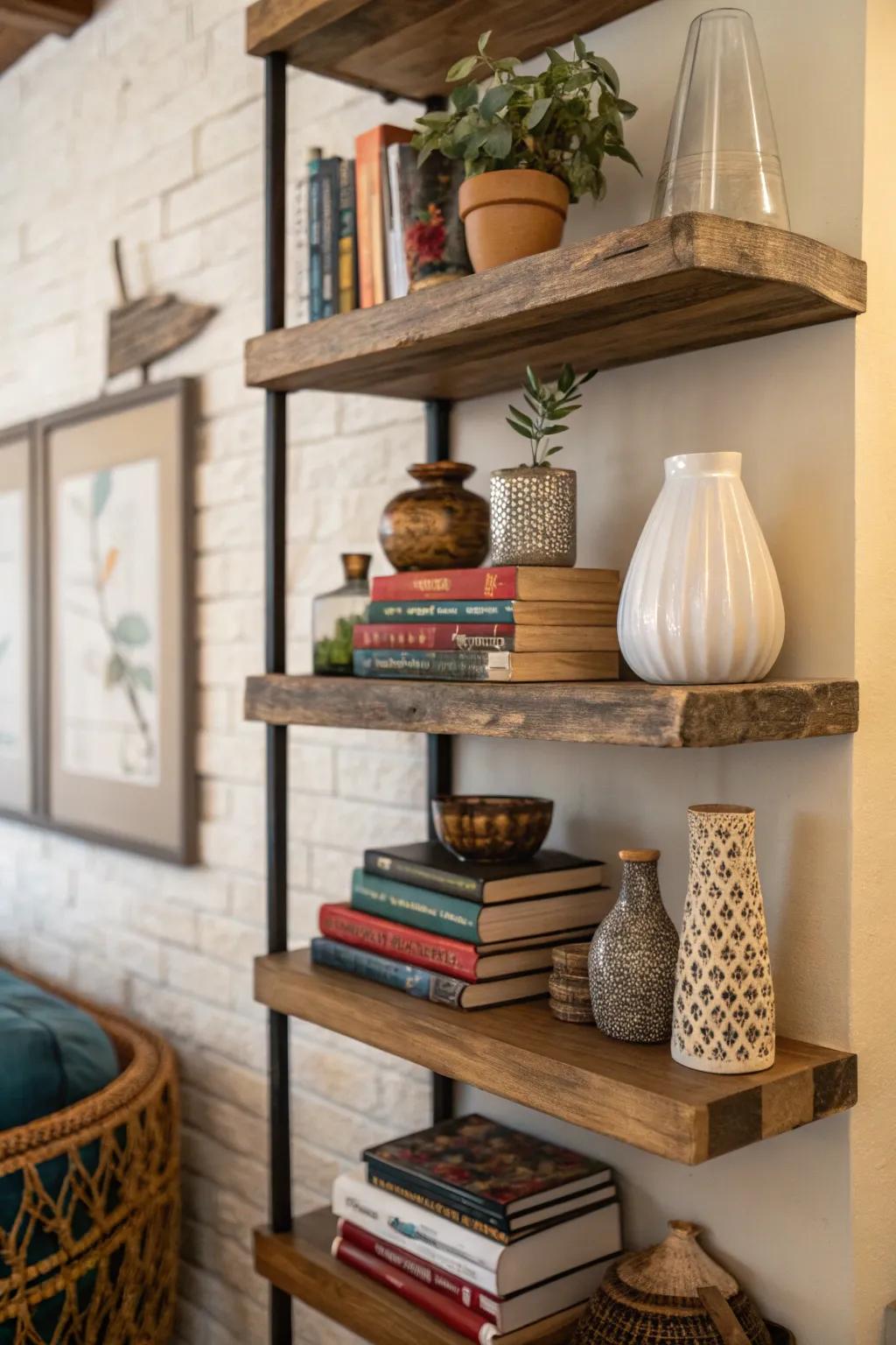 Floating ledges offer personality and space for storing items to any nook.