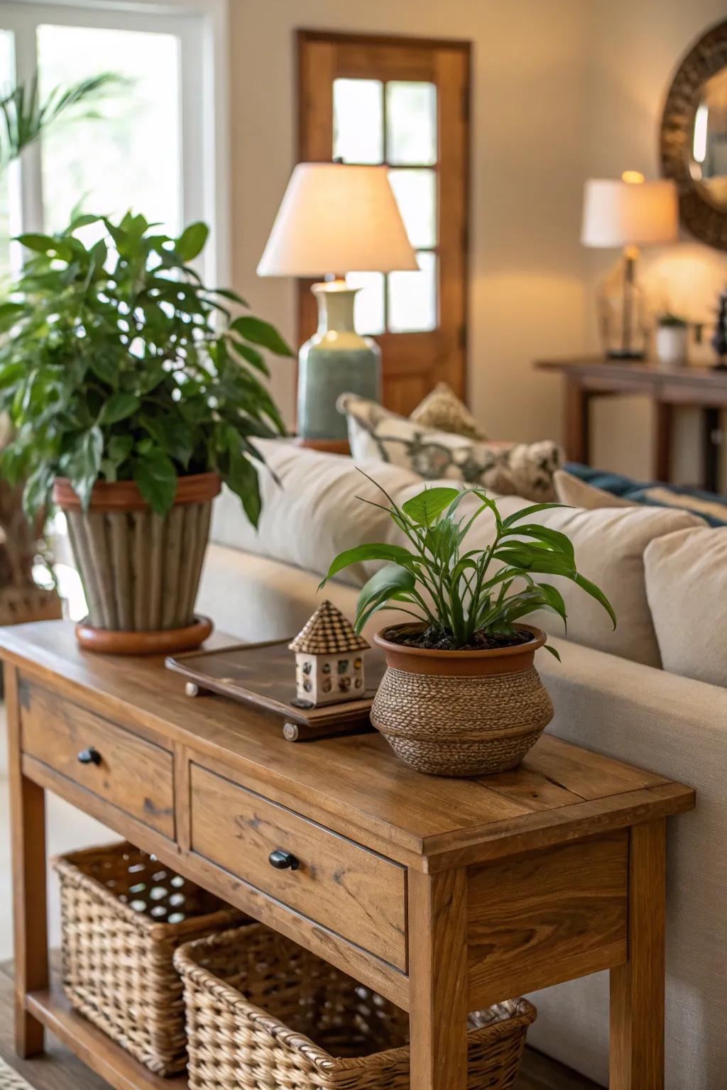 A touch of greenery adds vitality to a sofa table.