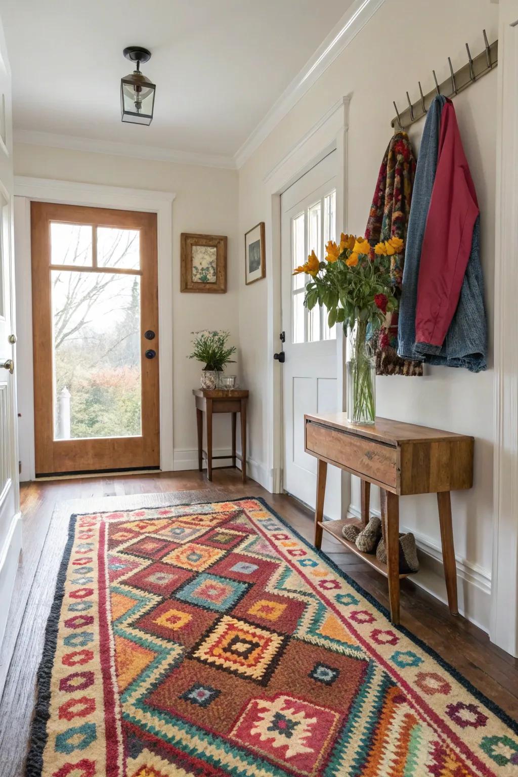 A vibrant rug introduces warmth and definition to the entryway.