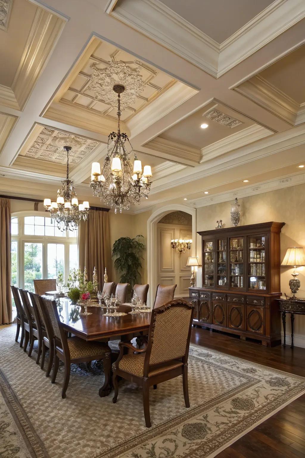 An elegant dining room highlighting a classic coffered ceiling design.