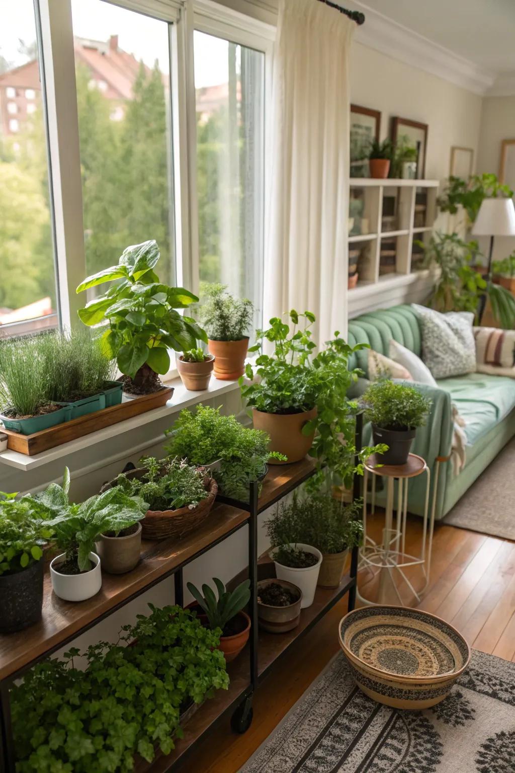 Potted plants and herbs add a natural touch to the living room.