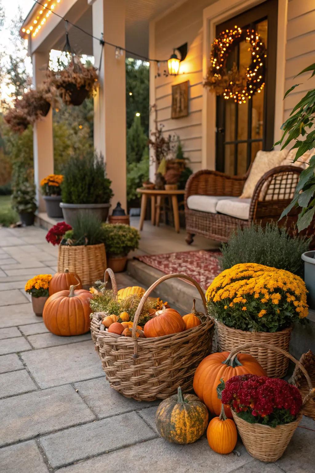 Baskets bring a seasonal charm to your outdoor areas.