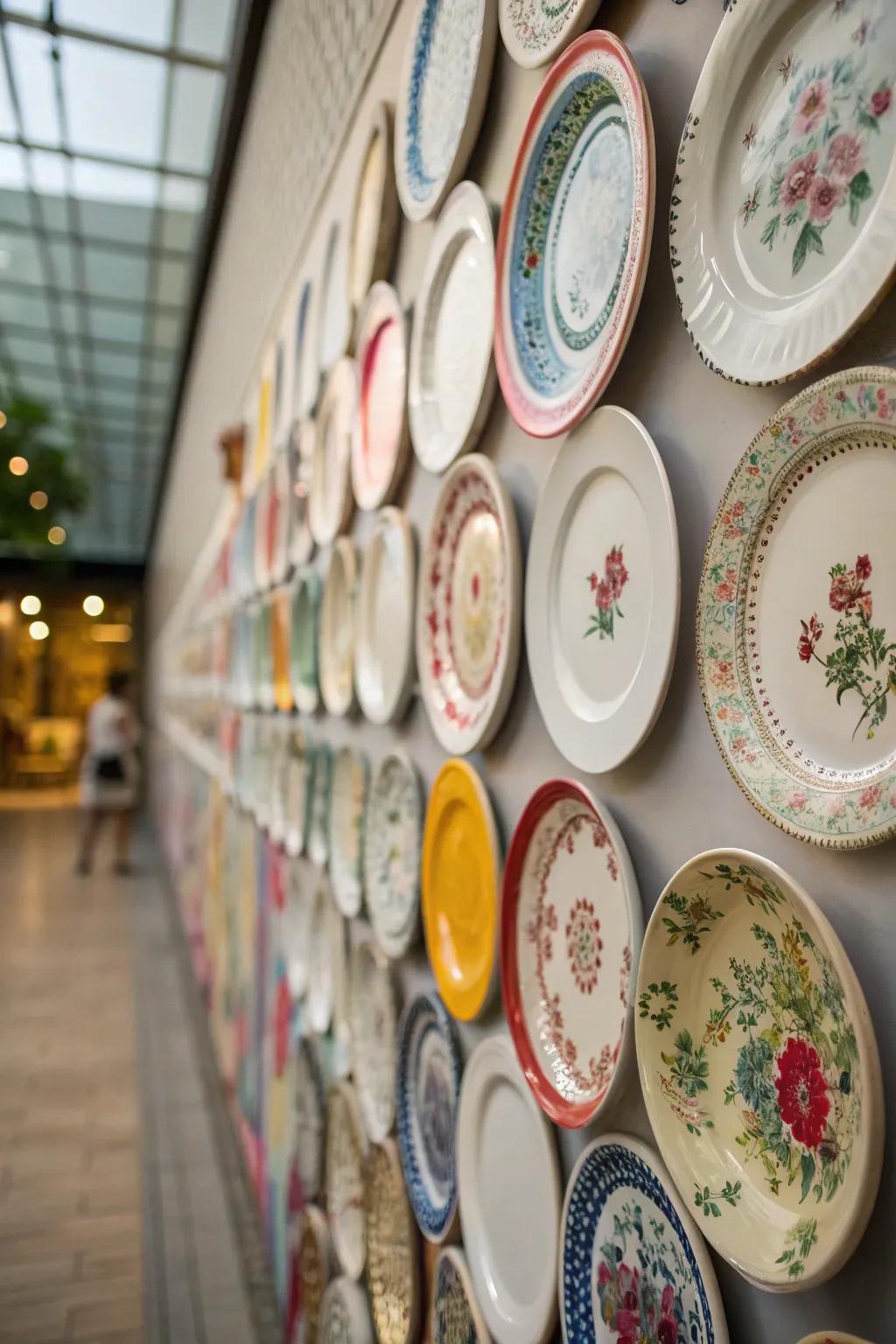 A gorgeous gallery wall featuring a mix of china plates in an artistic arrangement.