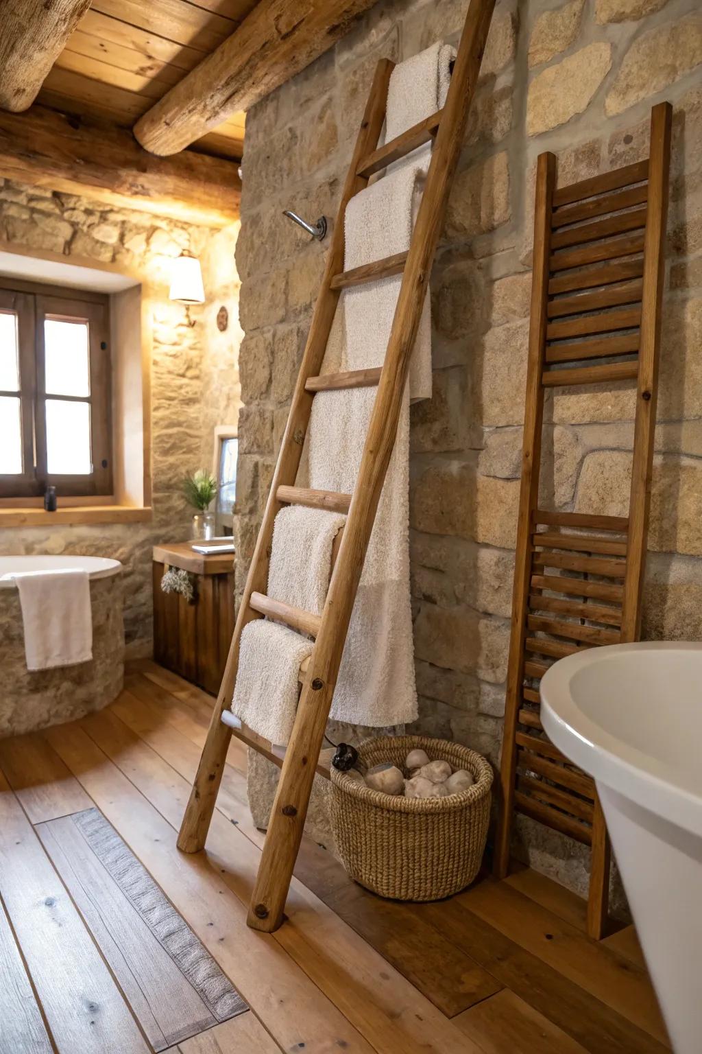 A decorative ladder infuses both rustic appeal and practicality into towel hanging.