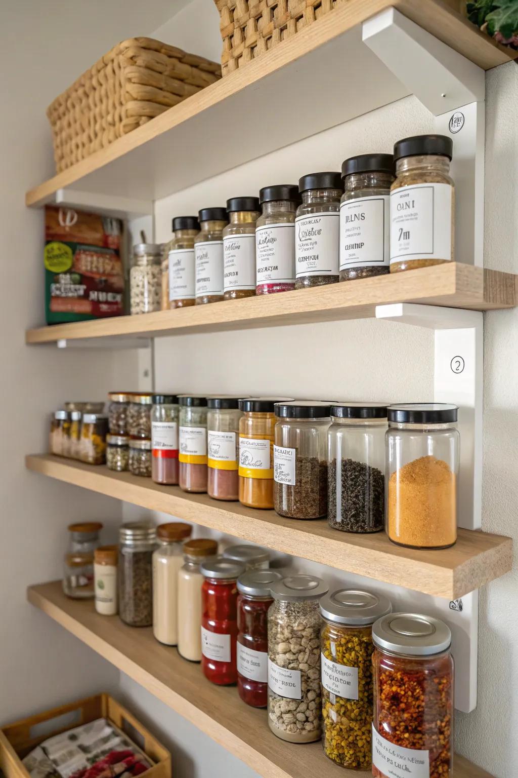 Multi-tiered shelves amplify area for spices and jars.