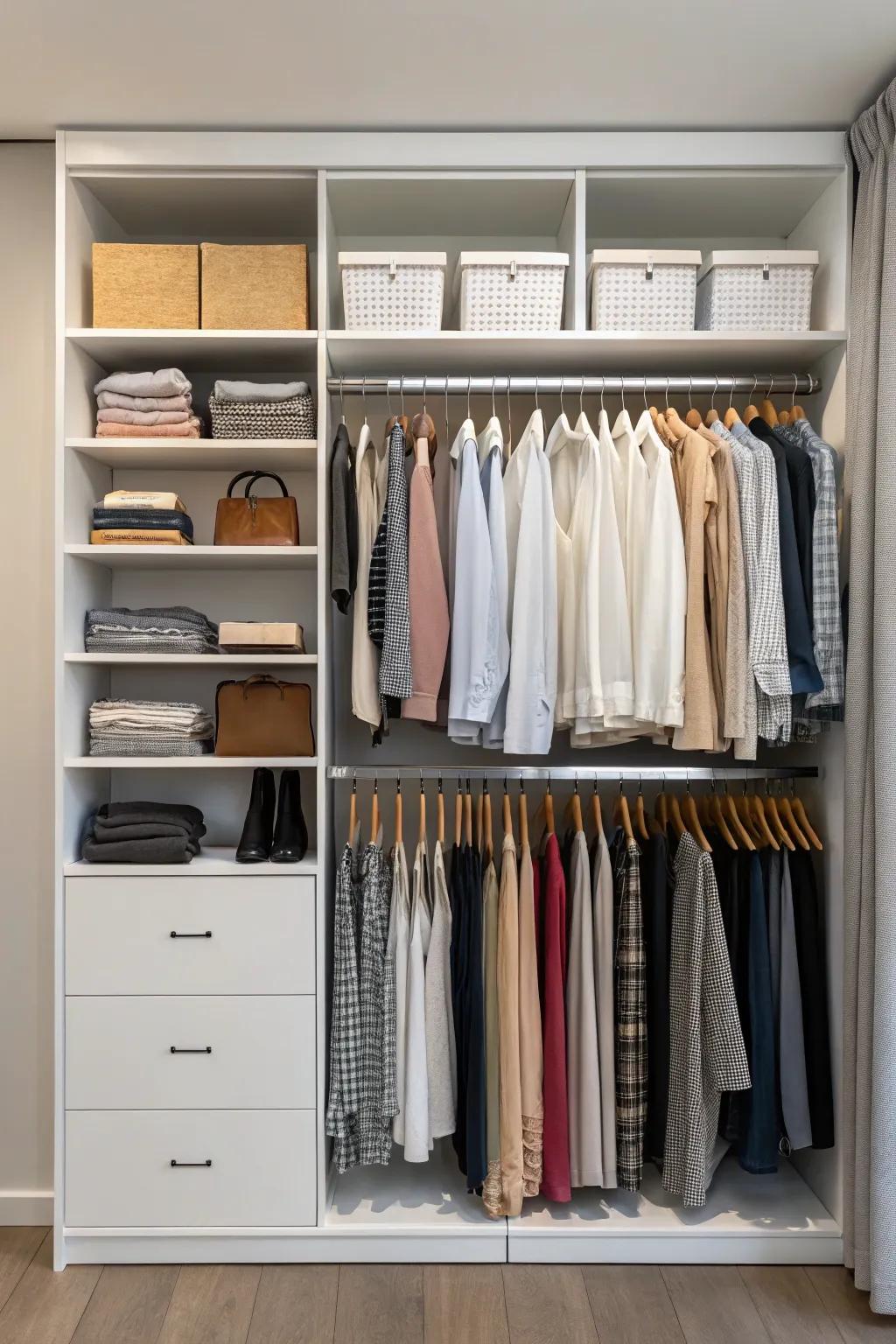 A streamlined wardrobe with clothing neatly arranged.