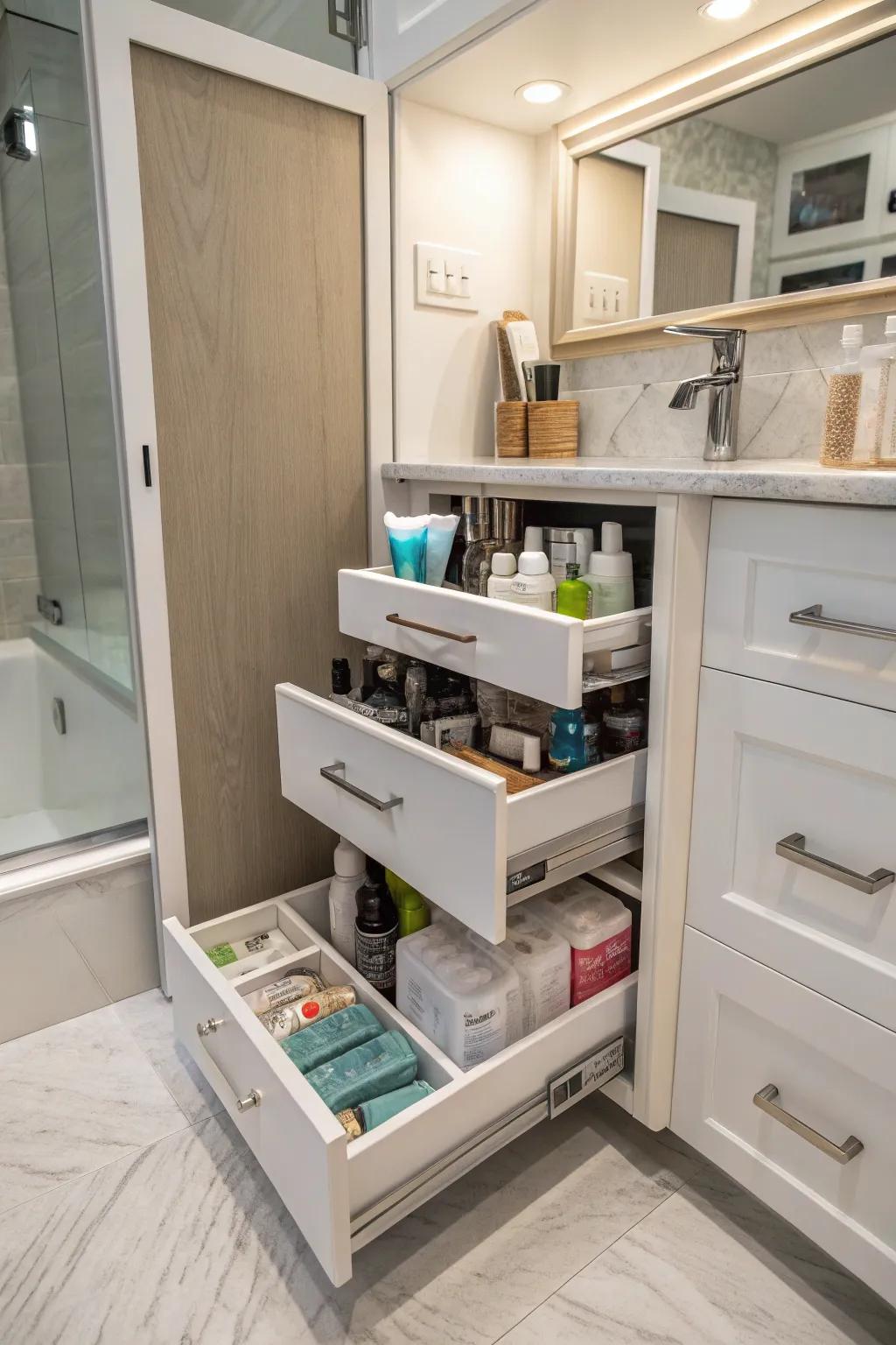 A deep cabinet uses sliding trays to easily access items stored way in the back.
