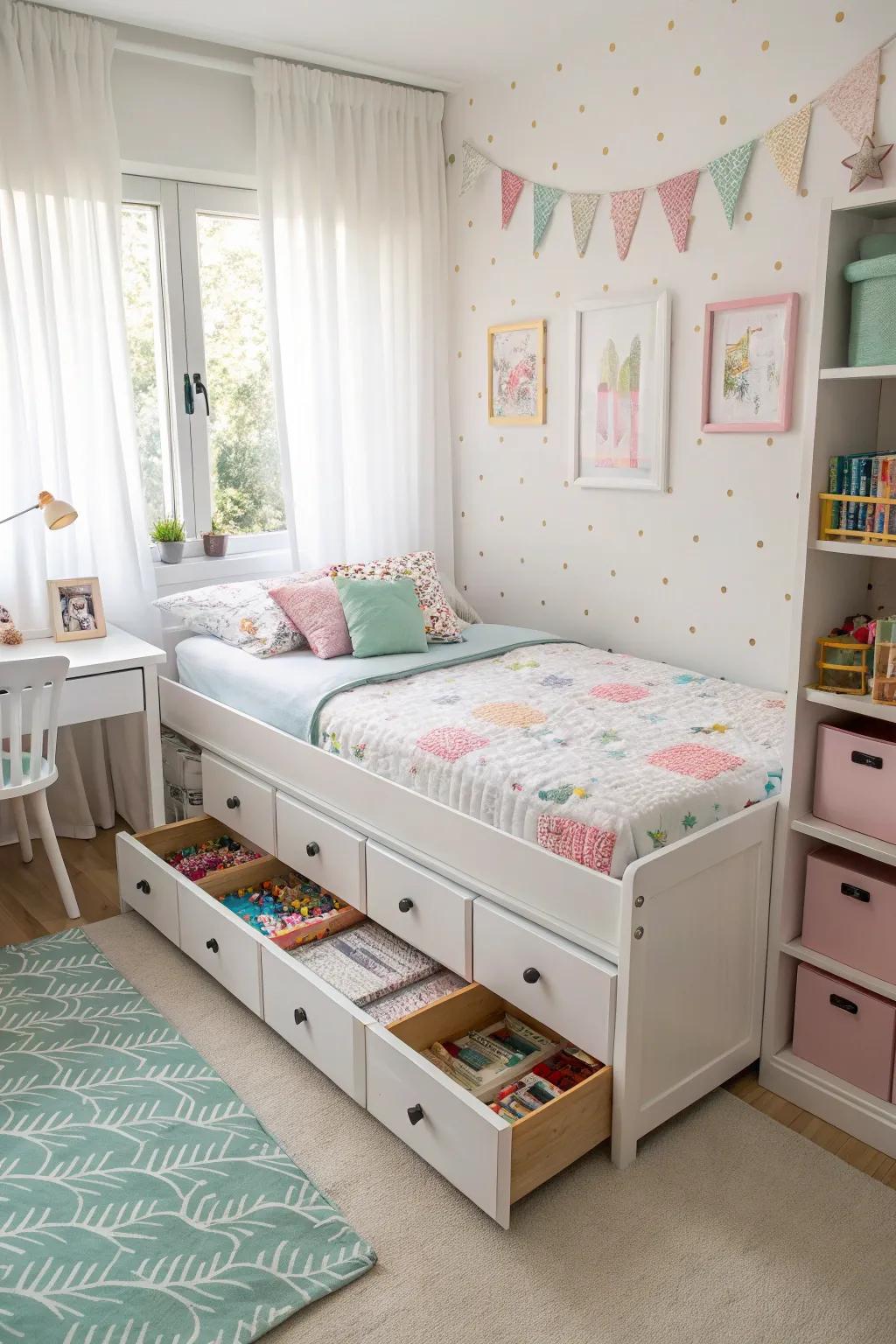 Furniture with multiple functions maximizes storage in a child's area.