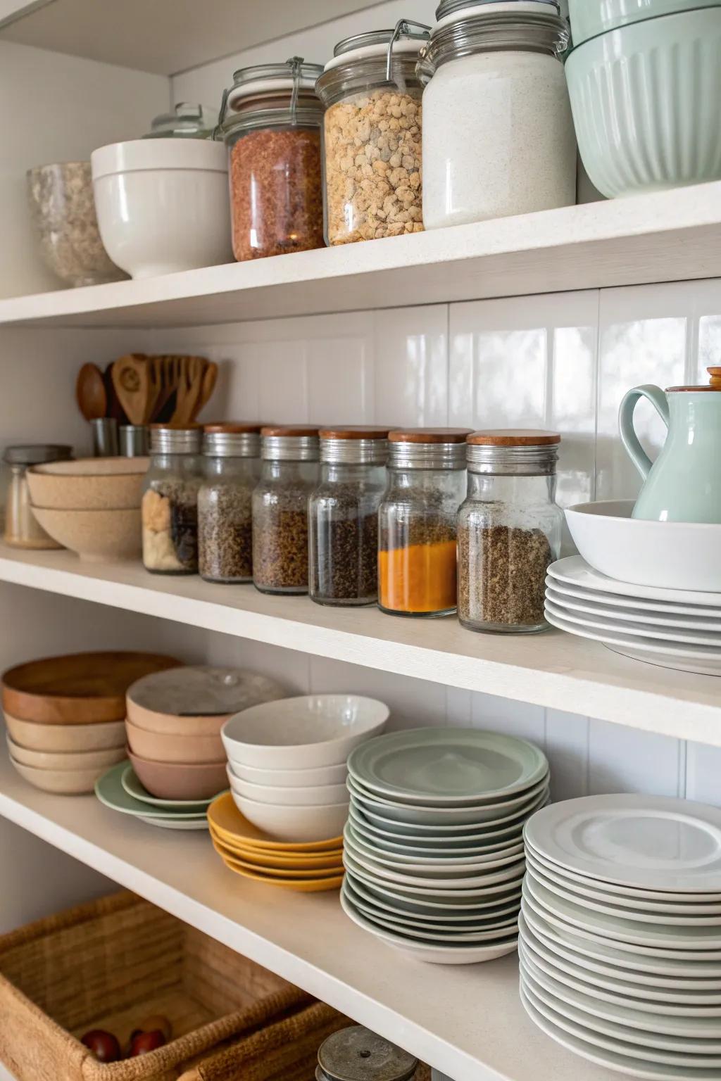Tiered shelving effectively arranging kitchen necessities.