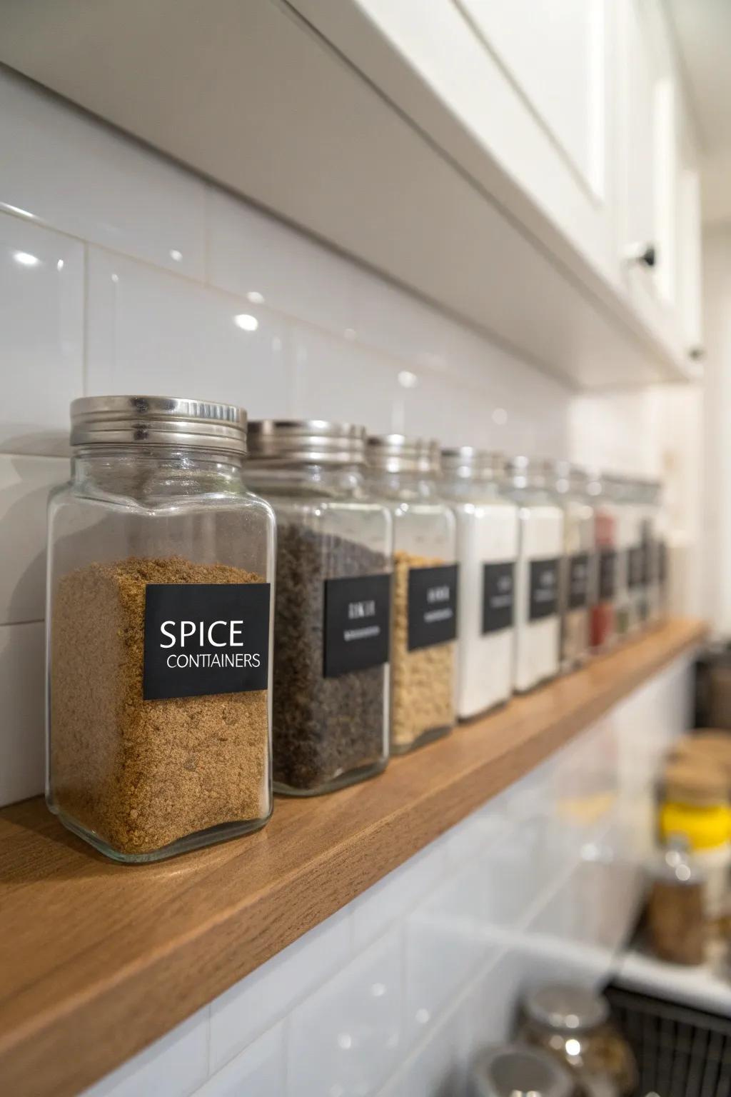 Matching see-through jars keep spices organized in style.
