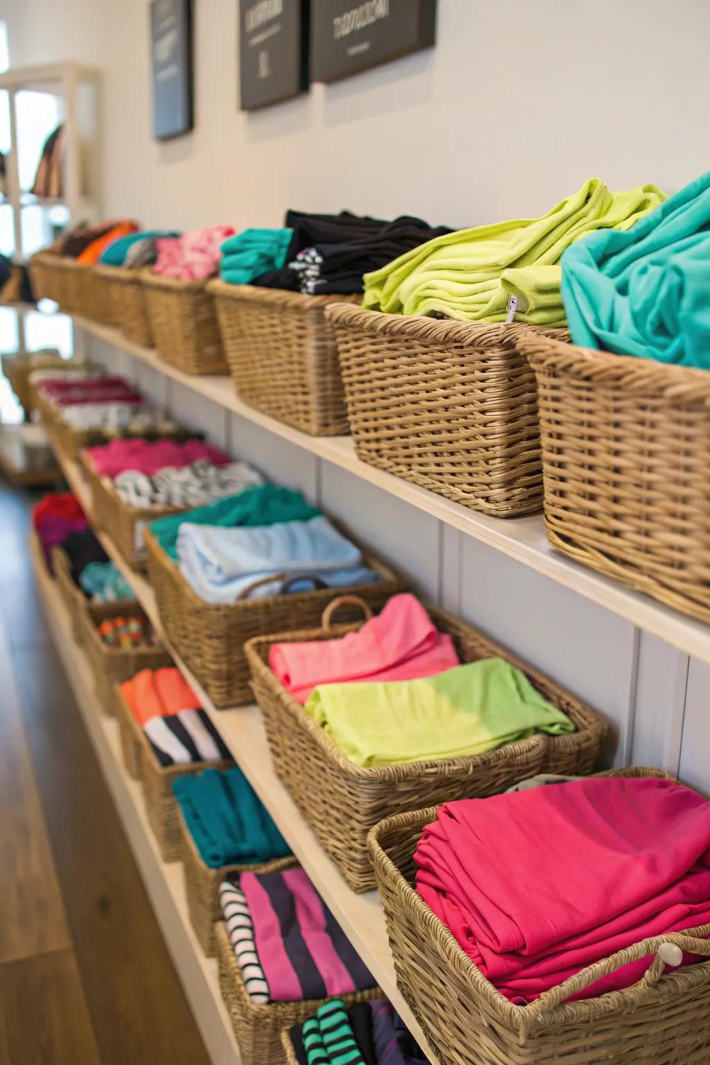 Baskets on shelves, filled with meticulously arranged workout clothing.