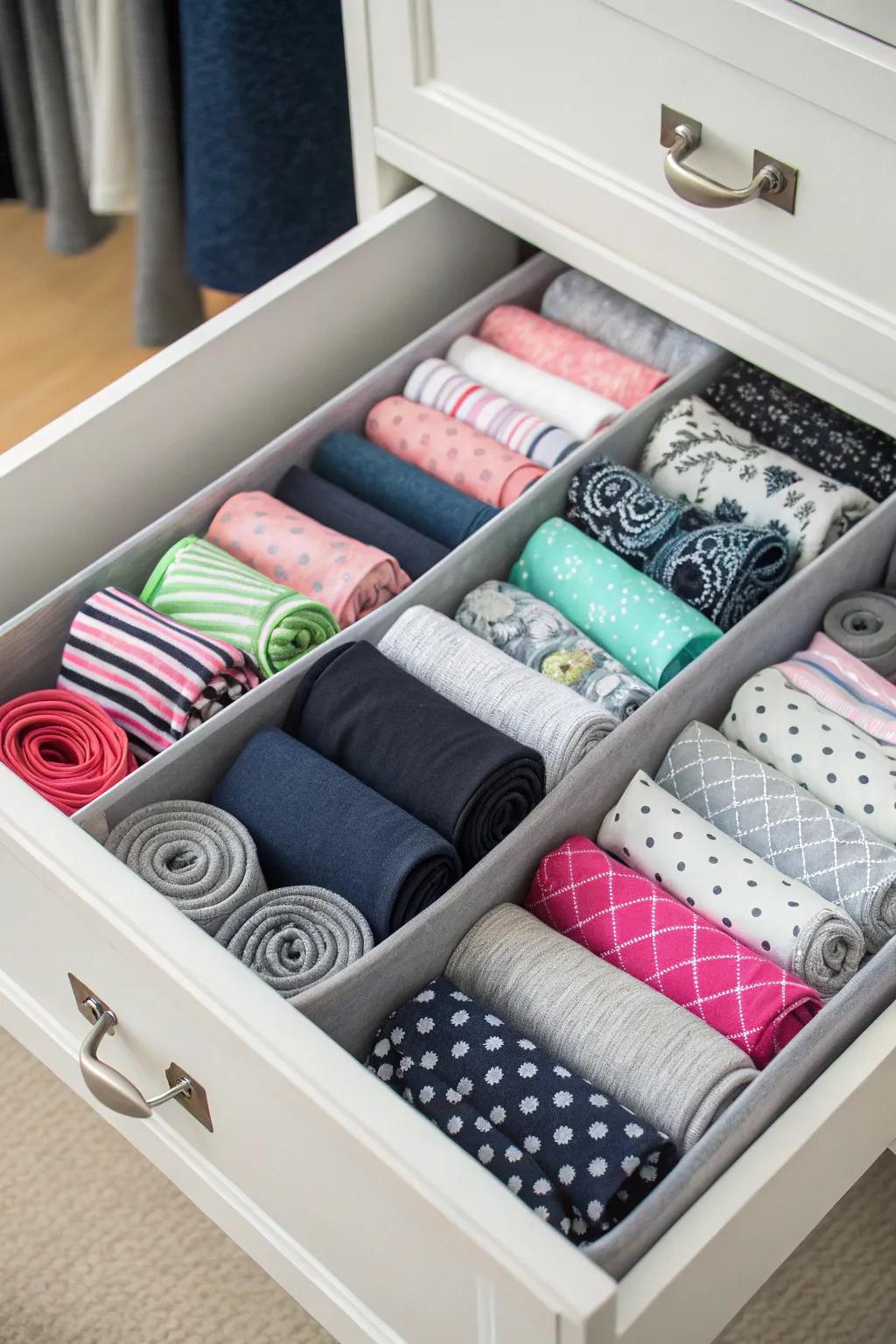 Roll and stow your leggings in drawers to save space.