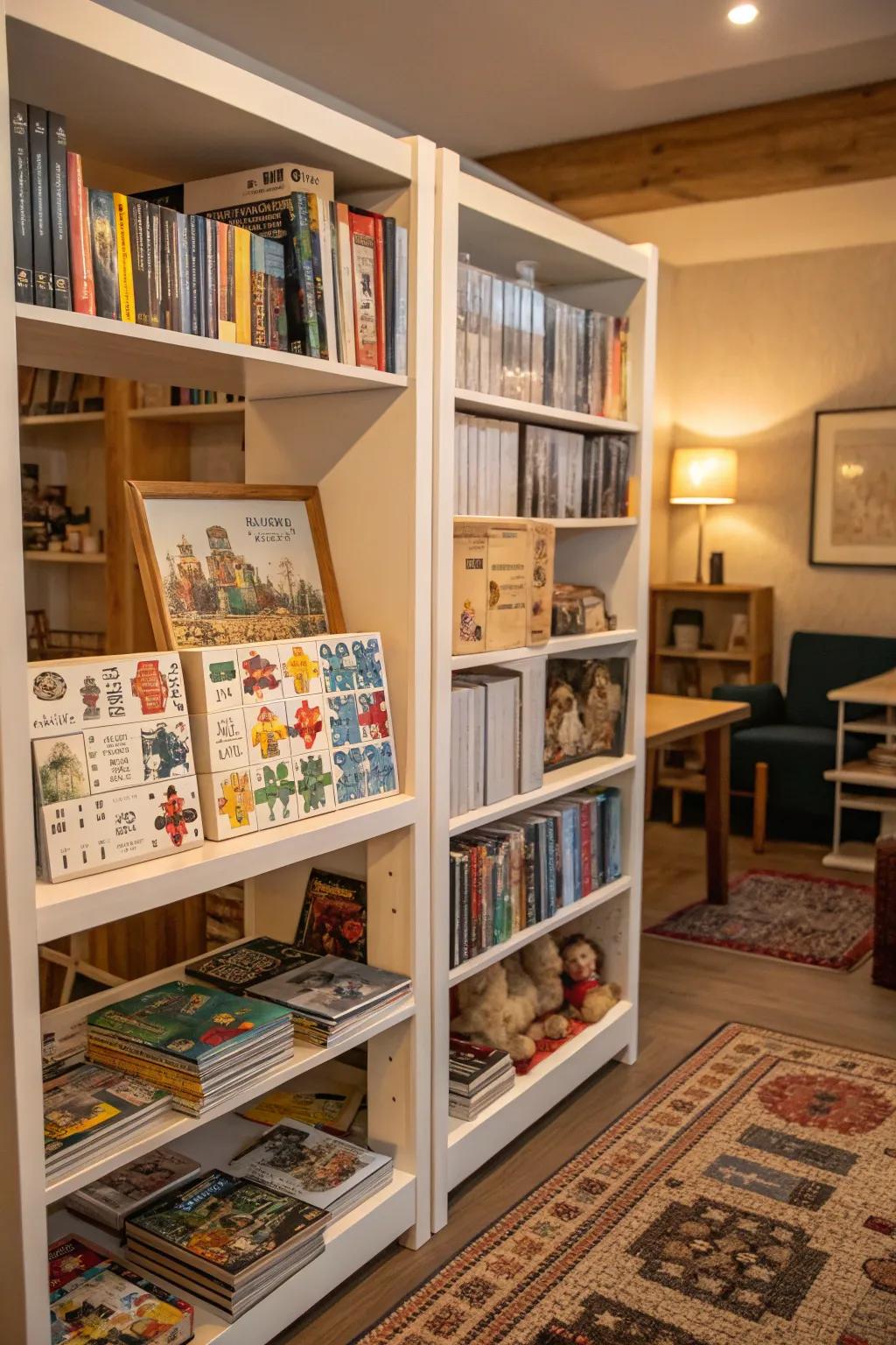 Puzzles artfully displayed on a shelving unit.
