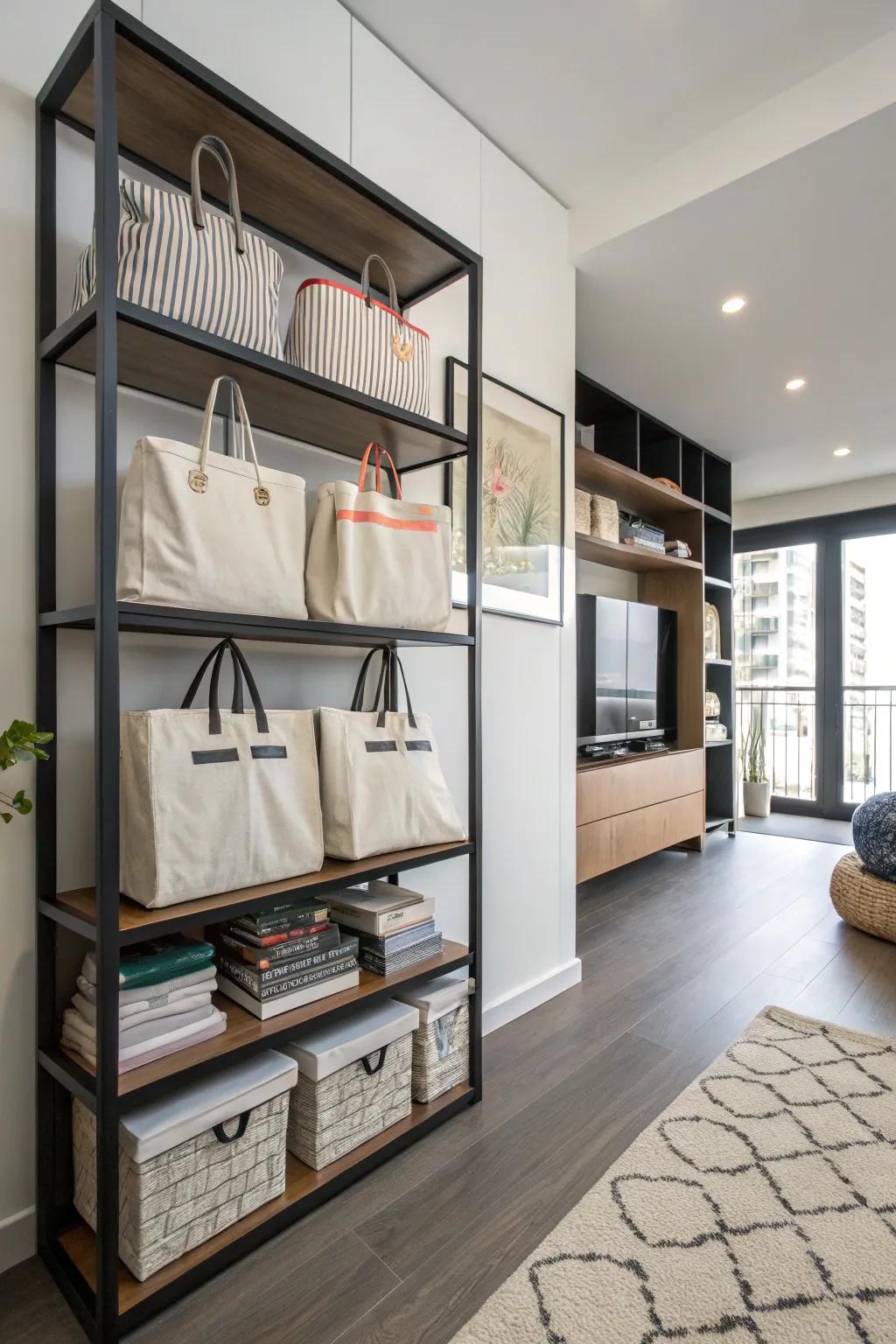 Shelves offer a practical and stylish way to store tote bags.