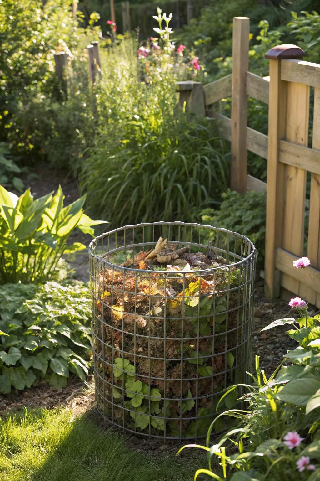 A wire mesh compost container is ideally situated for maximum aeration and effective composting.