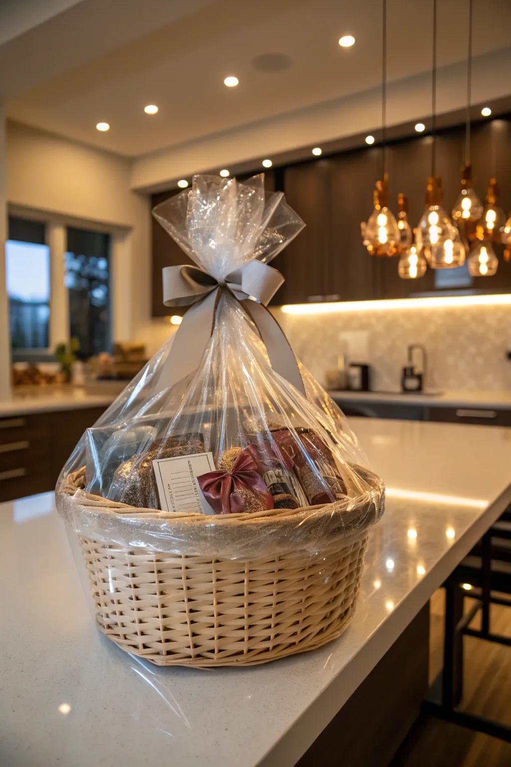 Shrink-wrapped baskets are sleek, secure, and ready to impress.