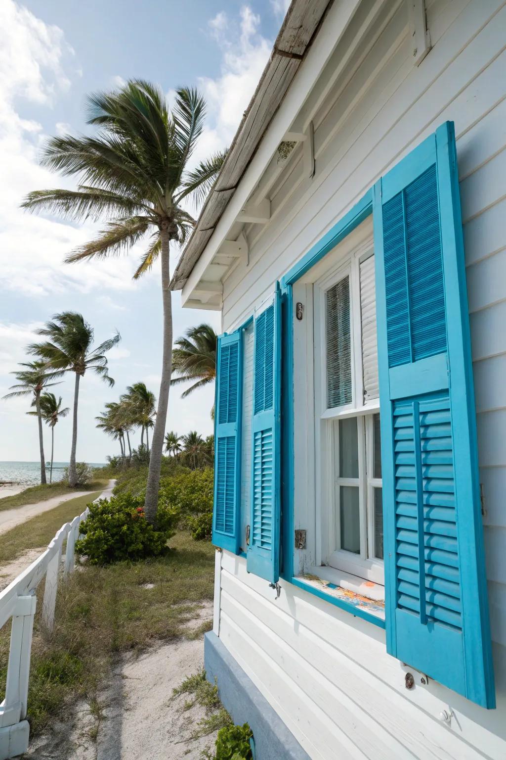 Seaside window covers contribute a tropical flair while delivering efficient storm safeguard.