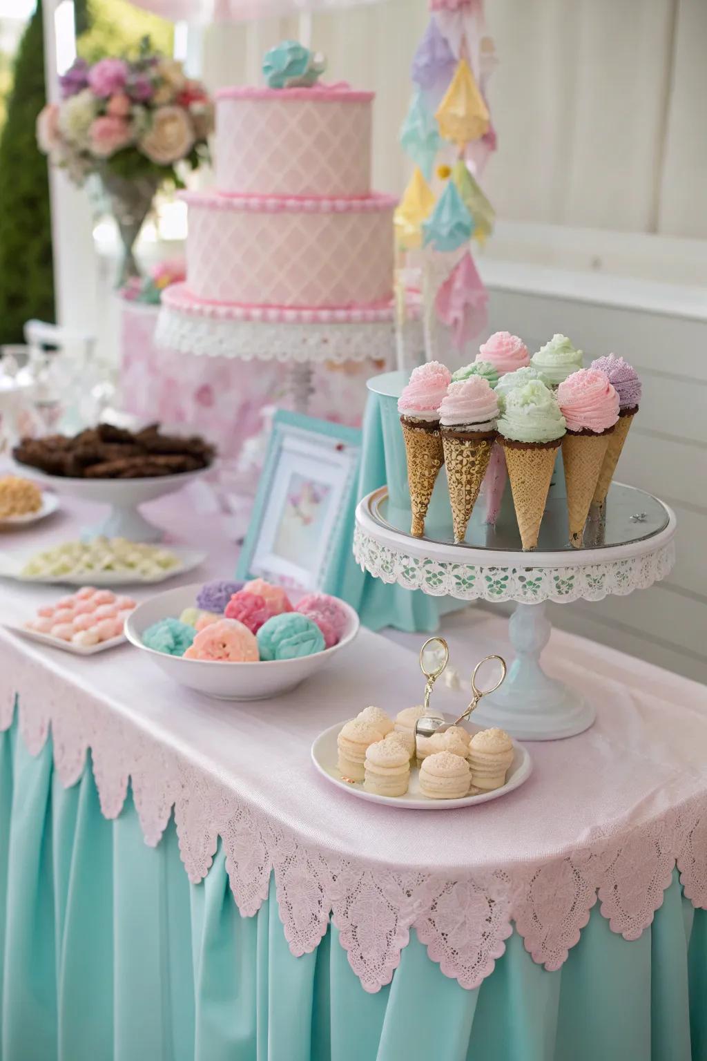 A pastel-themed ice cream table that complements the party's aesthetic.