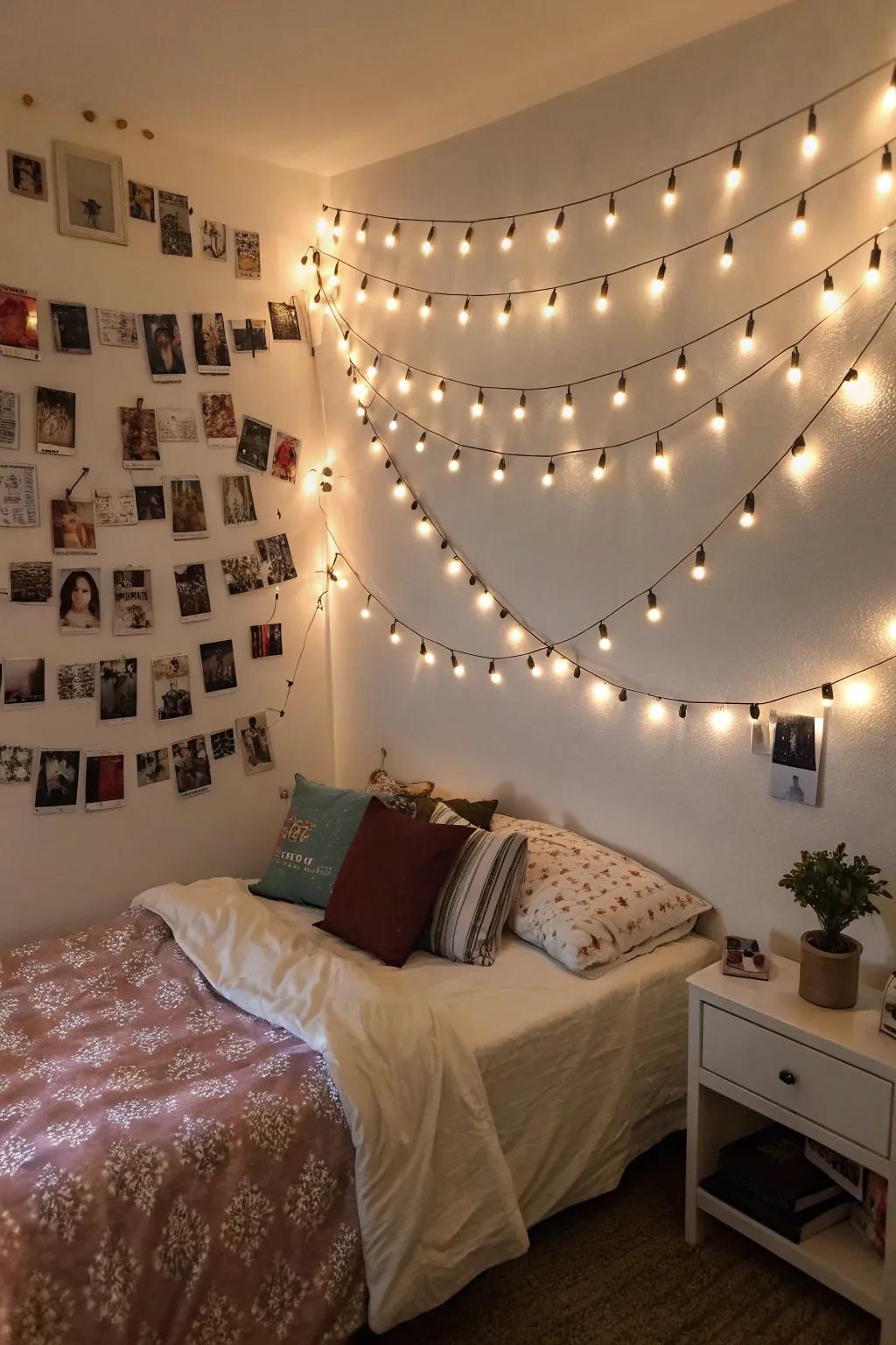 String lights add a whimsical touch to photo displays.