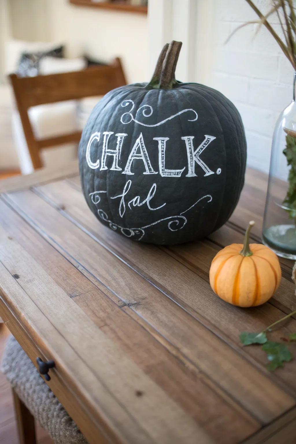 A chalkboard pumpkin that allows for creative and changeable decor.