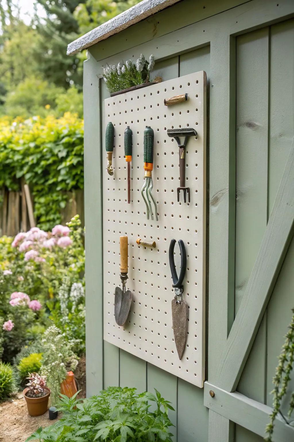 A pegboard enables customizable and easily accessible tool storage.