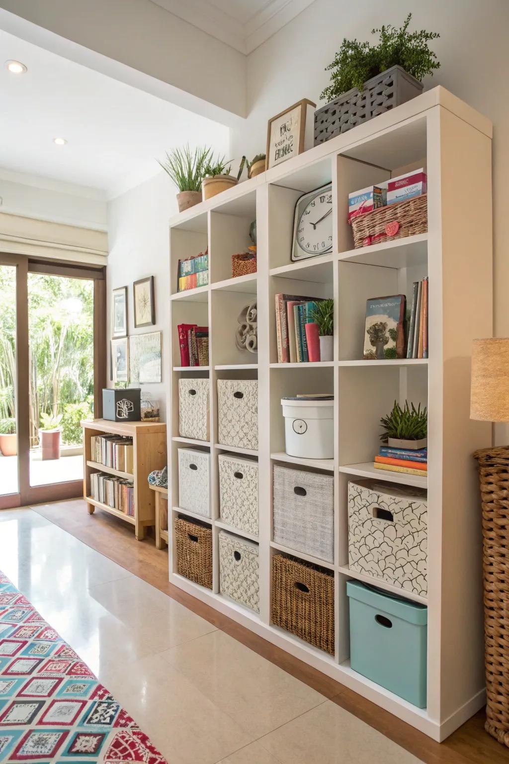 Multipurpose shelves offer both aesthetic and practical storage options.