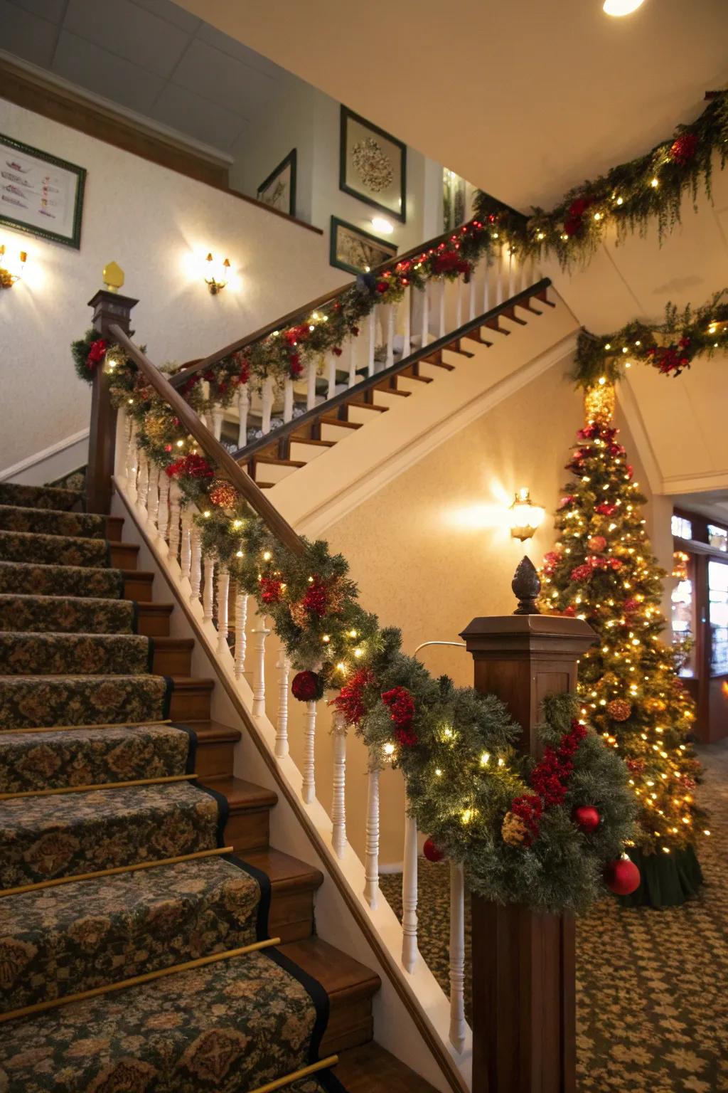 A festive staircase welcoming guests with holiday cheer.