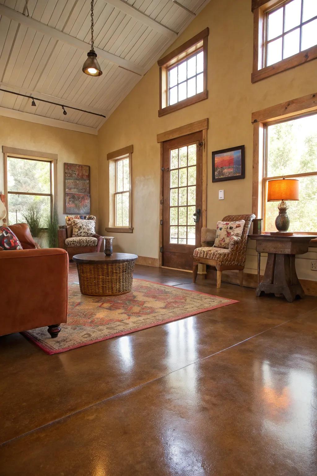 Stained concrete adds a layer of depth and charm.