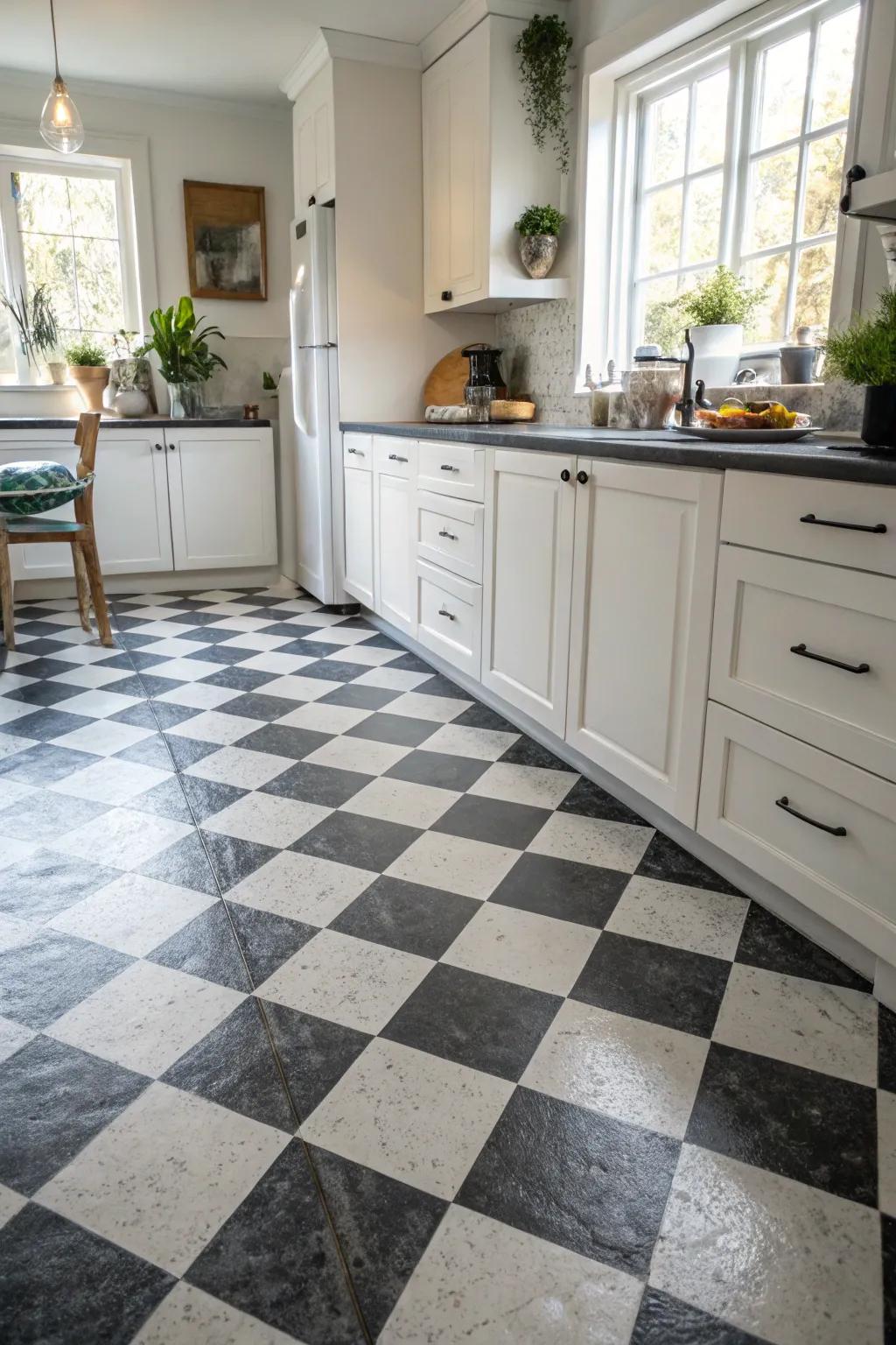 A timeless checkerboard pattern brings a vintage touch to this modern kitchen.