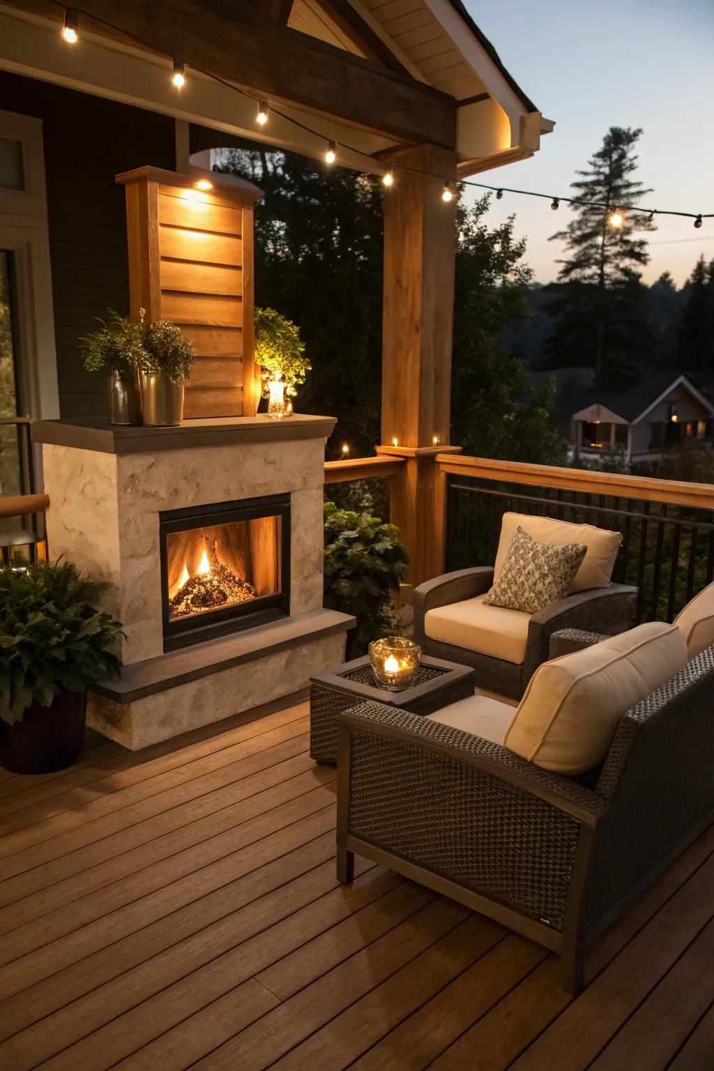 An electric fireplace creates a warm atmosphere on this indoor deck.