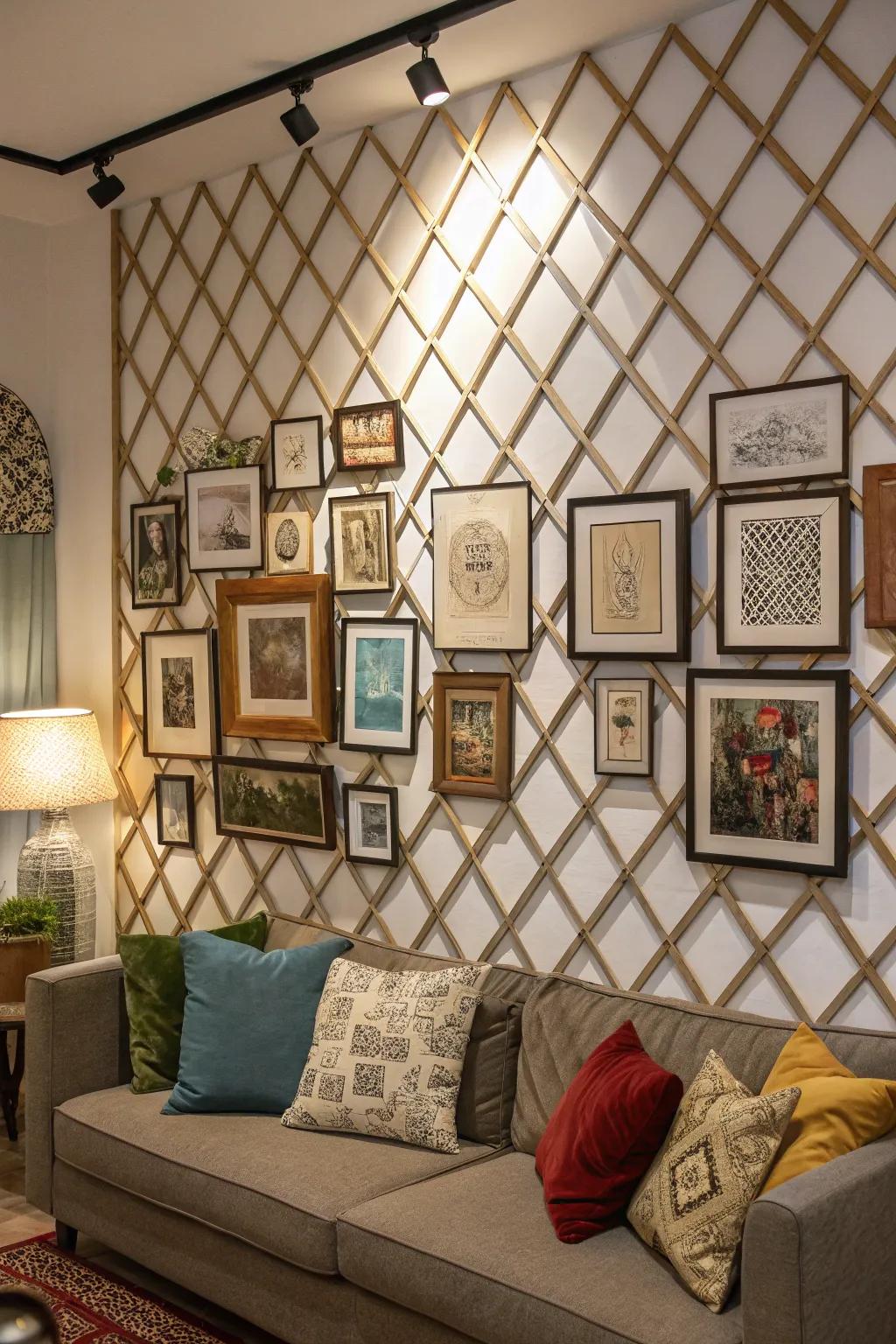 Lattice wall acting as a textured foundation for an artistic display.
