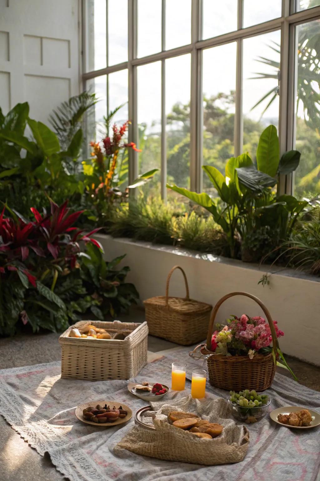 A scenic window view enhanced with indoor plants enriches the picnic ambiance.