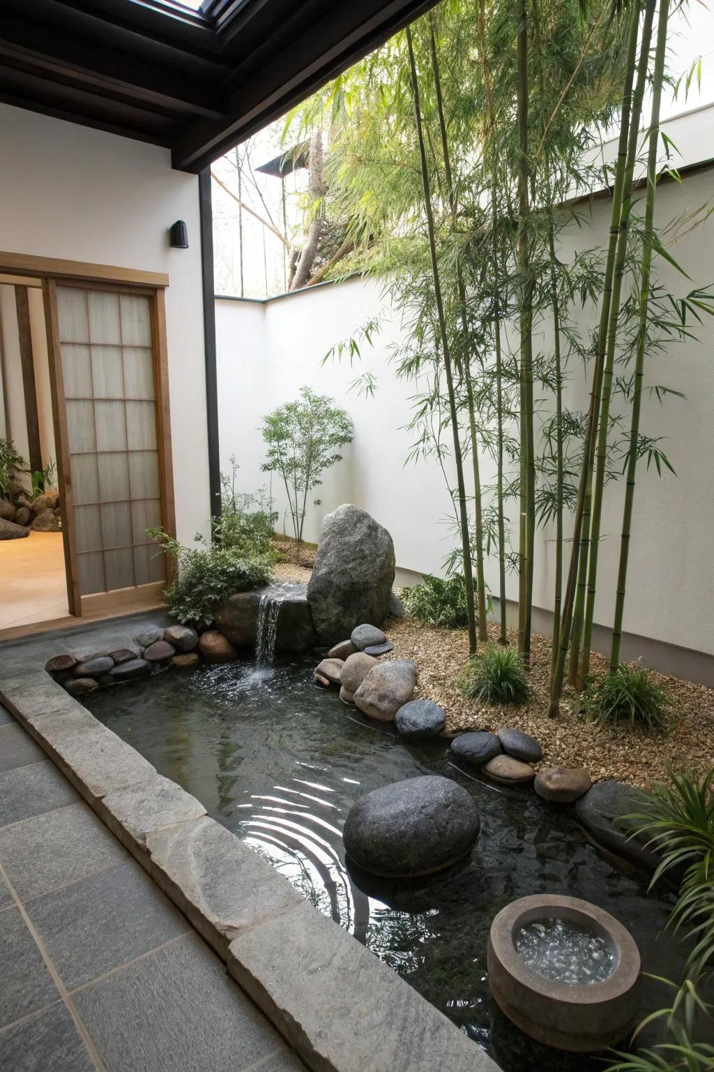 A tranquil garden pond delivers calmness indoors.