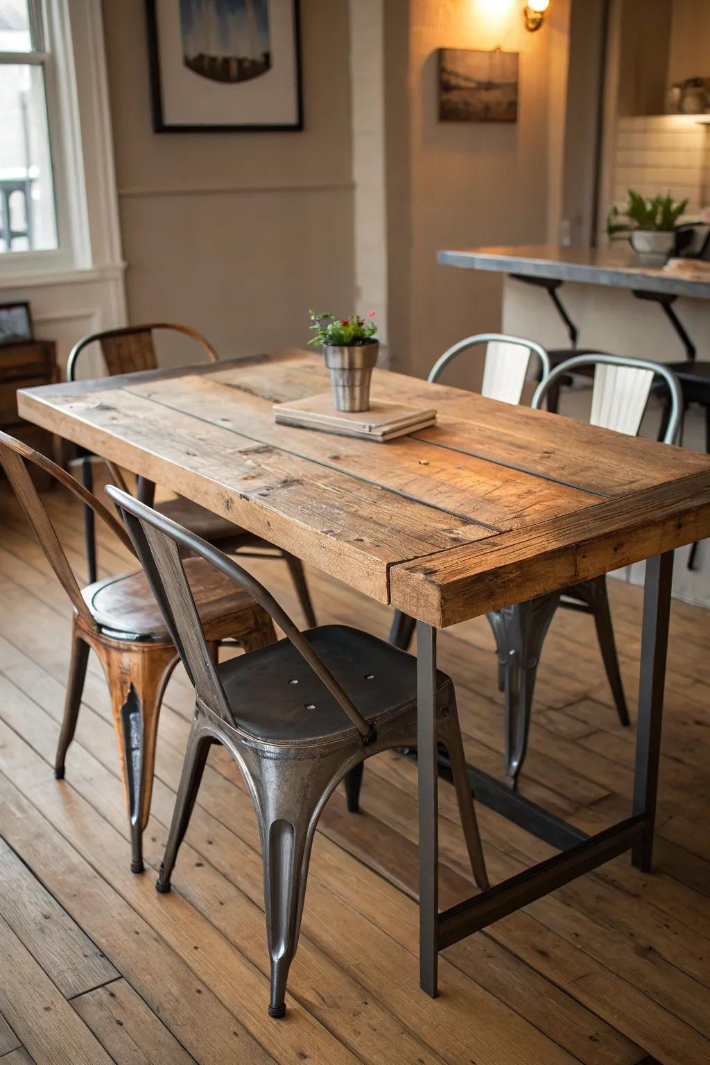 Salvaged wood imparts warmth to an industrial setting.